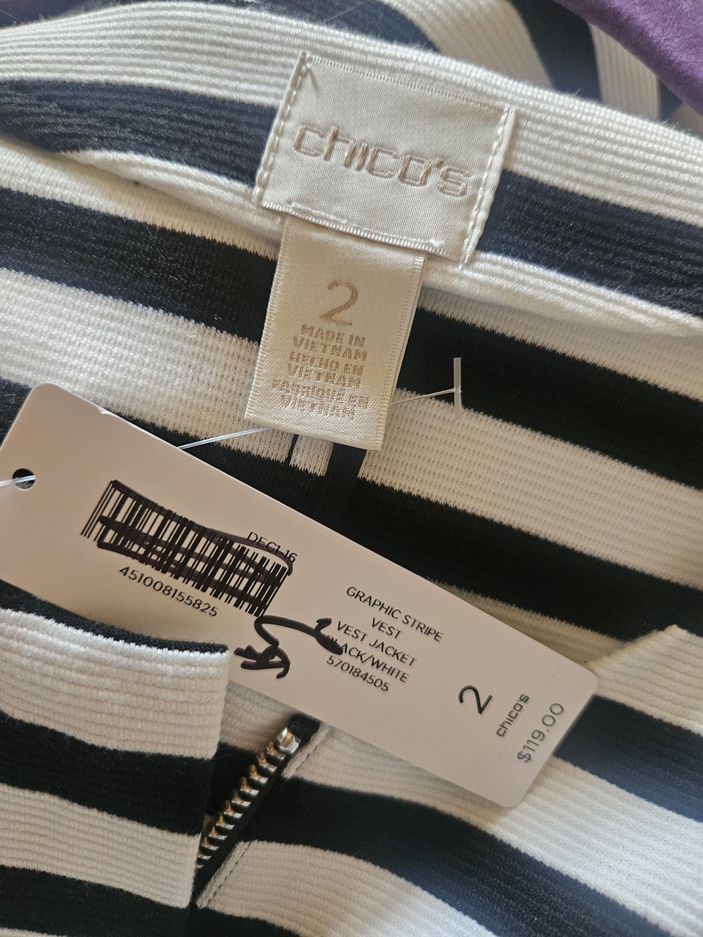 Chico's Black and White Striped Sleeveless Long Zippered Shirt Vest Sz 2 - Picture 2 of 2